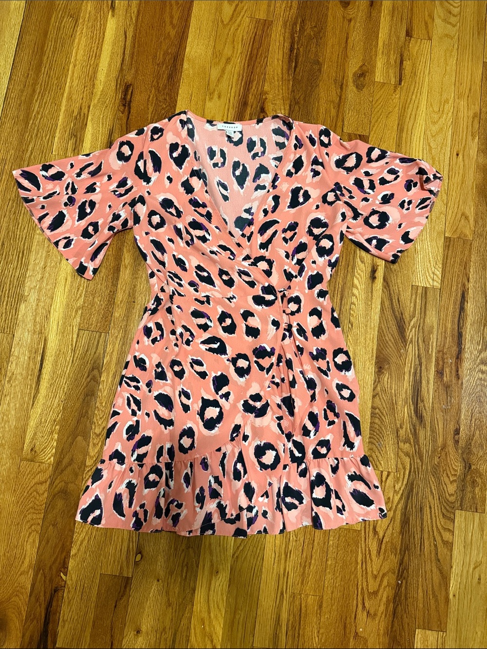 Topshop Coral Leopard Print Ruffle Wrap Mini Dress